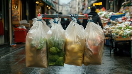 Colorful plastic bags filled with fresh produce hang in a bustling market street, reflecting the vibrant atmosphere and urban life.の素材
