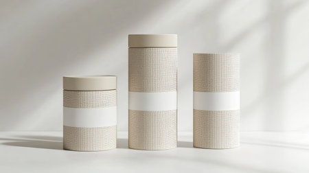 This image features three textured storage containers arranged minimally, showcasing a play of light and shadow in a neutral setting, enhancing modern decor.の素材