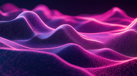 This stunning abstract image features a dynamic 3D landscape with smooth, undulating waves in bright pink and purple tones, perfect for creative projects.の素材
