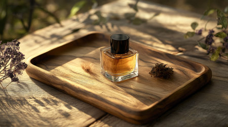 A beautifully arranged perfume bottle sits on a wooden tray, surrounded by herbs and soft sunlight, creating a serene, elegant atmosphere perfect for beauty and lifestyle themes.の素材