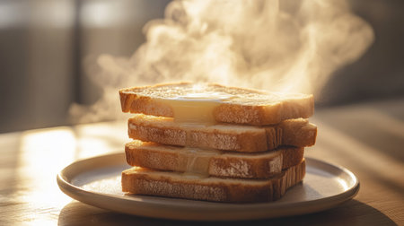 A close-up of warm, freshly toasted bread stacked on a plate, with steam rising gently. The cozy morning light creates an inviting atmosphere perfect for breakfast or snack lovers.の素材