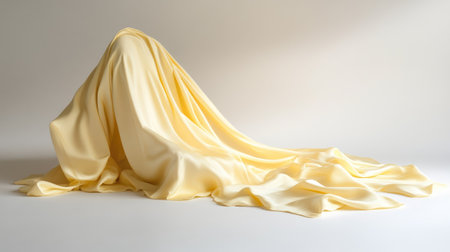 A beautifully draped soft yellow fabric on a neutral background creates an elegant and artistic focal point, perfect for modern photography and design projects.の素材