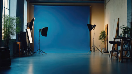 This image showcases a modern photography studio with a vibrant blue backdrop. Professional lighting equipment stands ready for creative projects, emphasizing an inspiring workspace.の素材