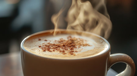 This captivating image showcases a steaming cup of coffee delightfully topped with cinnamon sprinkles, inviting warmth and comfort. Perfect for coffee lovers!の素材