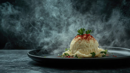 A stunning close-up shot of creamy mashed potatoes presented on a sleek black plate, adorned with herbs and spices, emitting a soft steam.の素材