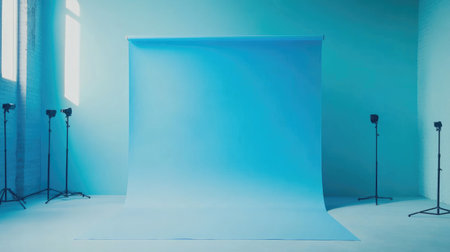 An elegant minimalist photography studio featuring a blue backdrop with soft lighting, perfect for innovative portrait sessions or creative photography projects.の素材