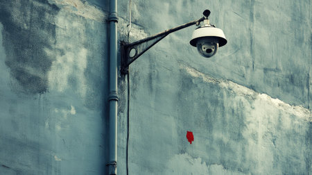 A striking urban scene featuring a surveillance camera mounted on a textured gray wall, complemented by a vibrant red leaf, creating a compelling contrast.の素材