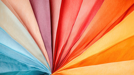 A stunning display of colorful paper sheets fanned out in an artistic arrangement showcasing a gradient of shades. The vibrant colors create an appealing backdrop for creative projects or design inspirations.の素材