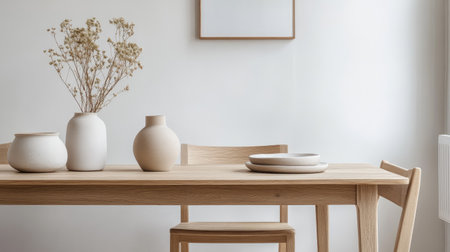 Discover an elegant minimalist dining setup showcasing a wooden table adorned with modern vases and charming natural elements, perfect for a tranquil home atmosphere.の素材
