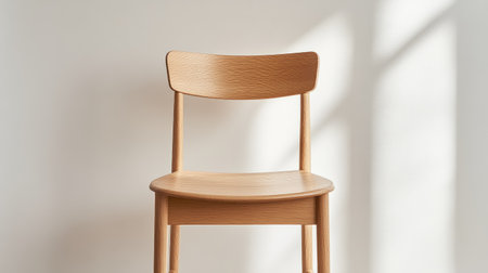 Showcase a minimalist wooden chair positioned against a soft backdrop, emphasizing modern design principles and showcasing simplicity in interior decor.の素材
