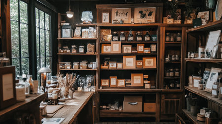 The image showcases a warm and inviting rustic craft shop interior, featuring numerous jars, art supplies, and handcrafted items, all beautifully arranged.の素材