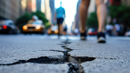 A close-up view of a cracked pavement in a busy urban environment with pedestrians walking and taxis passing by, illustrating city life and infrastructure.の素材
