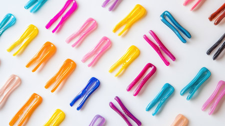 This vibrant image showcases a neat arrangement of colorful hair clips on a white background, perfect for beauty and fashion themes. Ideal for creative projects.の素材