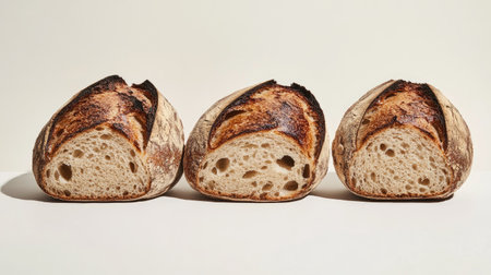 This image features three freshly baked artisan bread loaves, beautifully sliced, showcasing texture and warmth. Perfect for culinary use.の素材