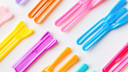 This vibrant collection of plastic cutlery features bright colors arranged neatly on a white background, perfect for casual dining or festive occasions.の素材