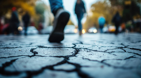 A dramatic close-up of cracked pavement highlighting the texture, with silhouetted pedestrians walking in the background, creating a lively urban atmosphere.の素材