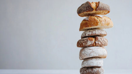 A visually appealing image of stacked artisan bread loaves against a light background, perfect for culinary and bakery-related themes showcasing texture and freshness.の素材