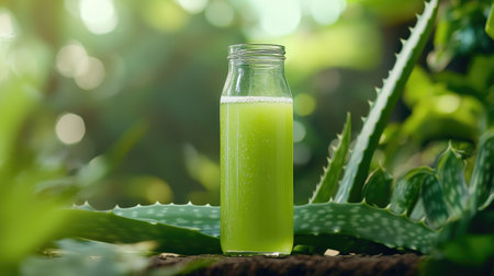 A vibrant green aloe vera drink is elegantly displayed in a glass bottle, surrounded by rich foliage, evoking a sense of refreshment and natural wellness.の素材
