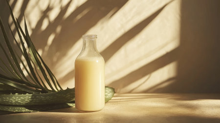 This serene image features a glass bottle filled with creamy liquid set on a table with green leaves beside it. Shadows cast by sunlight create a calming atmosphere.の素材