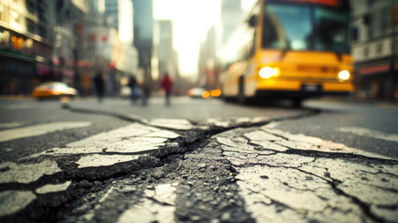 This captivating image captures a cracked urban street with a blurred yellow bus passing by. The vibrant city scene showcases the hustle and bustle, highlighting transportation and infrastructure in a busy metropolitan environment.の素材
