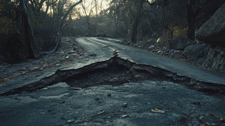 A striking image of a cracked roadway set in a serene forest landscape, highlighting the effects of natural erosion and geological changes during sunset.の素材