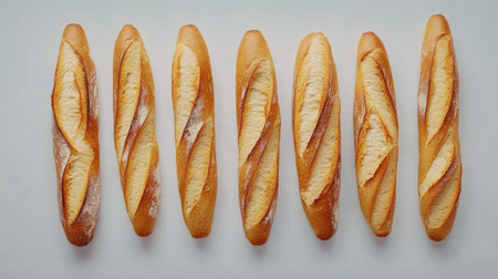 A visually appealing arrangement of freshly baked bread sticks on a clean white background, showcasing texture and inviting golden hues. Ideal for culinary themes.の素材