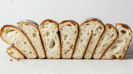 Bright and inviting image of freshly sliced artisan bread arranged neatly, showcasing the soft texture and crusty exterior. Perfect for culinary themes.の素材