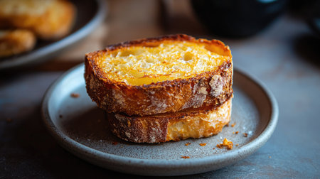 Scrumptious slices of toasted bread topped with melted cheese, served on a rustic plate, perfect for breakfast or a satisfying snack experience.の素材