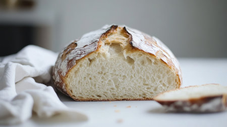 A rustic bread loaf sits on a white surface, showcasing its soft interior and crispy crust. A slice lays beside it, inviting warmth and flavor.の素材
