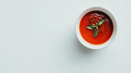 A vibrant bowl of fresh tomato soup garnished with basil leaves, placed against a minimal white background. Perfect for food photography, this image highlights aroma, warmth, and culinary delight.の素材