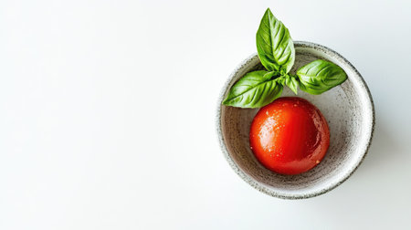 A vibrant red tomato complemented by fresh basil leaves in a light bowl, ideal for culinary inspiration or healthy recipe illustrations.の素材