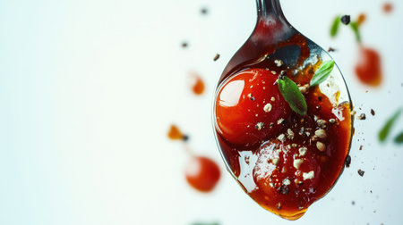 A close-up image showcasing fresh cherry tomatoes in a rich sauce held by a spoon, garnished with herbs and spices, ideal for food presentation.の素材