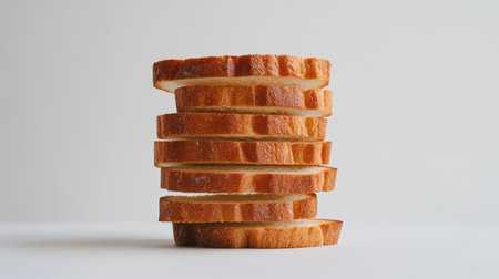 A visually appealing stack of freshly sliced toasted bread stands on a plain background, highlighting its golden crust and inviting texture, perfect for culinary projects.の素材