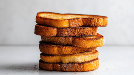 A visually appealing stack of perfectly toasted bread slices showcases golden brown edges and a crisp texture, ideal for breakfast or snack inspiration.の素材