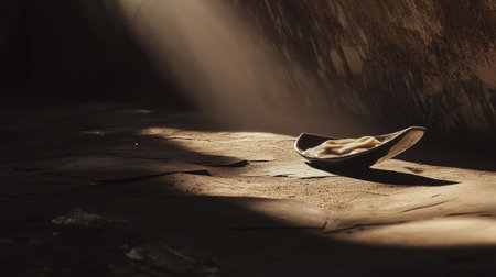 A serene still life featuring a single piece of bread on a rustic plate, illuminated by soft sunlight and gentle shadows on a textured surface.の素材