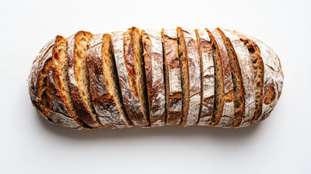 A beautifully crafted artisan bread loaf, perfectly sliced to showcase its crust and texture. Ideal for culinary purposes, recipes, or food photography.の素材