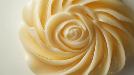 A stunning close-up of creamy butter sculpted into an exquisite rose shape, showcasing rich textures and smooth presentation, perfect for culinary art.の素材