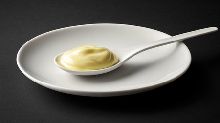 A creamy condiment elegantly placed on a white spoon rests on a circular plate, creating a striking contrast against a dark background. Perfect for food styling.の素材