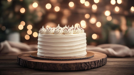 An exquisite white cake with delicate swirls of frosting sits on a rustic wooden platter, surrounded by enchanting bokeh lights, perfect for celebrations.の素材