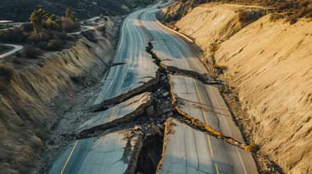 An aerial view captures a damaged highway, highlighting significant cracks caused by an earthquake. The asphalt rupture reveals the devastation caused by natural disasters while showcasing the stark landscape surrounding the road.の素材