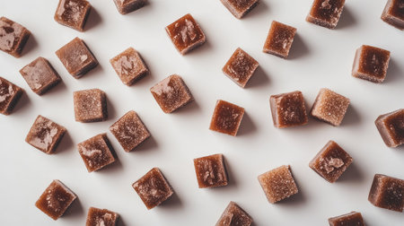 A visually appealing arrangement of brown candy cubes showcases different sizes and textures against a clean white background, perfect for culinary inspiration.の素材