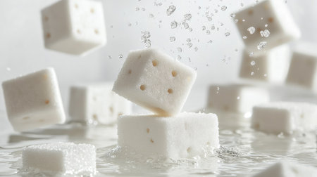 A stunning image capturing sugar cubes splashing into liquid, creating dynamic water droplets against a bright backdrop. Ideal for food art concepts.の素材