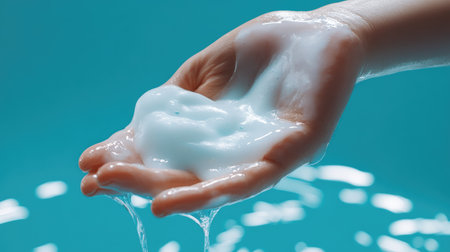A close-up view of a hand holding creamy foam against a serene blue background, illustrating elements of skincare and beauty. Ideal for promoting freshness and care.の素材