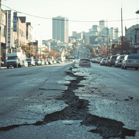 A dramatic scene of an urban street showcasing a large crack in the pavement caused by an earthquake, highlighting the impact on the cityscape and community.の素材