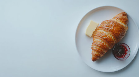 A beautifully arranged fresh baked croissant served with a pat of butter and a dollop of strawberry jam on a white plate, perfect for breakfast or snacks.の素材