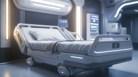A sleek, futuristic hospital bed is positioned in a high-tech medical room designed for patient comfort and care, featuring advanced equipment and soft lighting.の素材