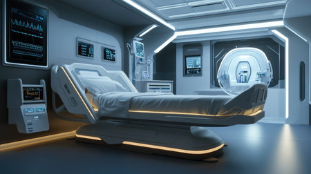 This image showcases a futuristic medical room designed for optimal patient care, featuring a sleek bed and advanced monitoring systems in a clean, sterile environment.の素材