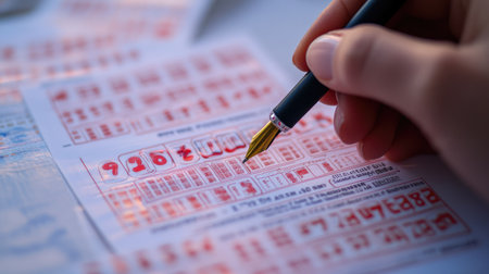A close-up view of a hand holding a pen, marking numbers on a lottery ticket, showcasing the excitement and hope that comes with participating in games of chance.の素材