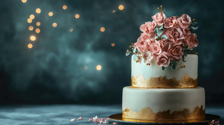 A stunning two-tier wedding cake featuring delicate pink sugar flowers and golden trim, set against a dreamy bokeh background, ideal for celebrations.の素材