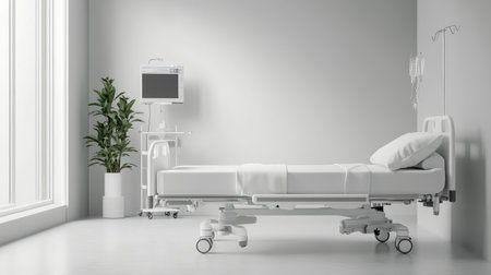 A serene hospital room featuring a comfortable bed, essential medical equipment, and a calming plant. The design emphasizes cleanliness and modern aesthetics.の素材